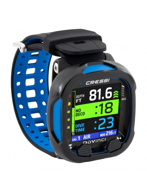 Cressi daVinci blue dive computer - angled front view with depth in feet